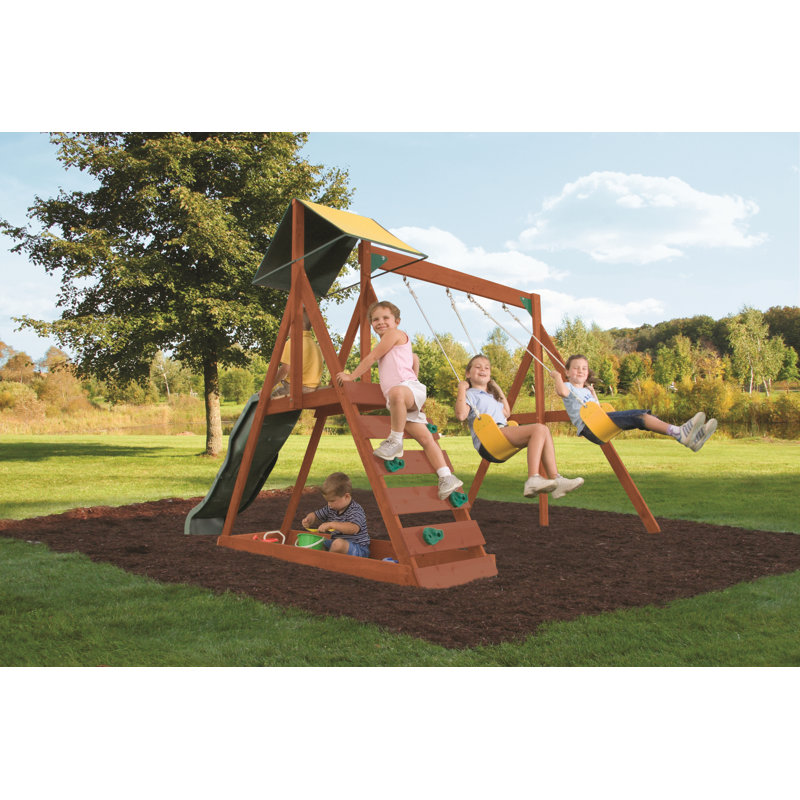 KidKraft Sunview II Wooden Outdoor Swing Set with Swings, Slide and